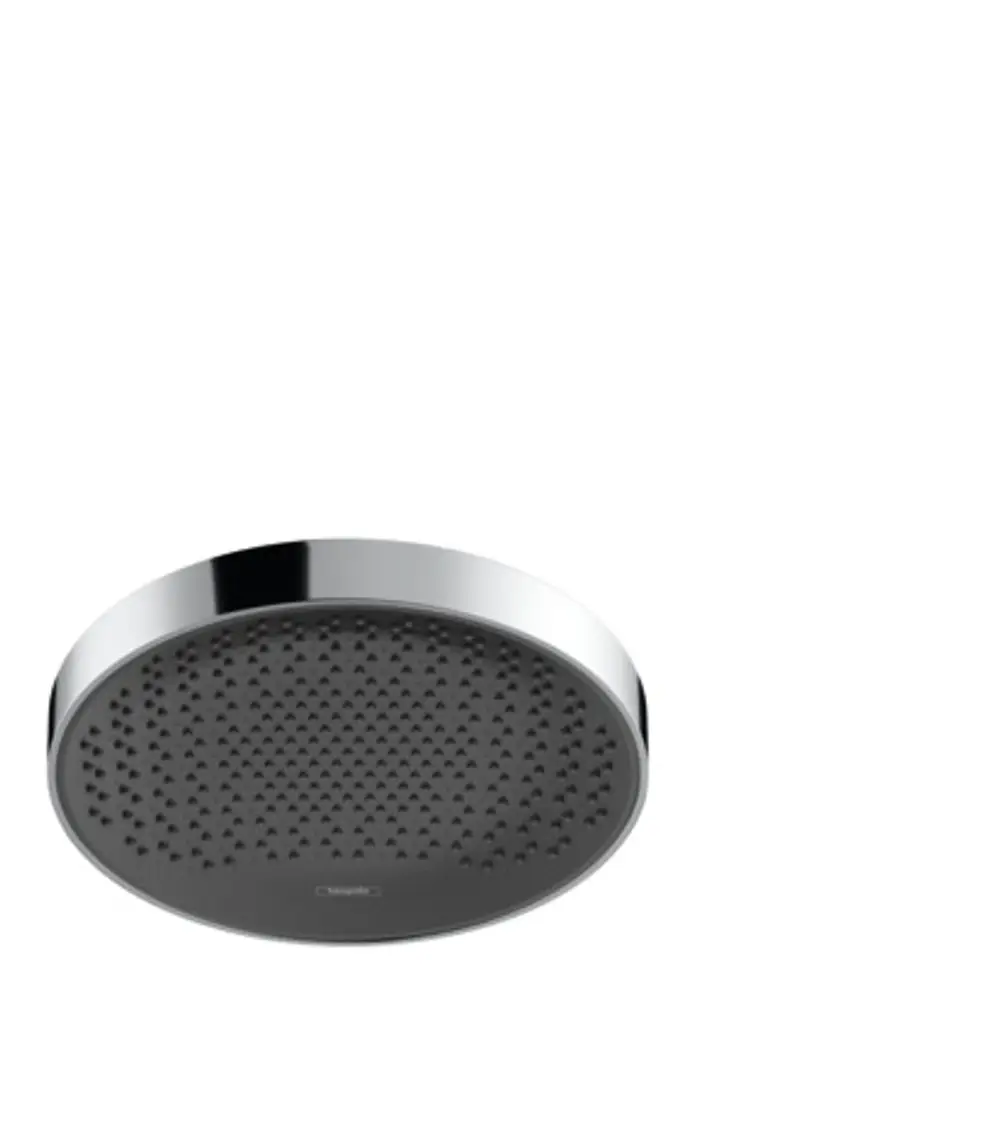 Kreisförmige Kopfbrause mit glänzendem Chromrand und schwarzer Oberfläche, geeignet für die Montage in Duschen, von der Marke Hansgrohe.